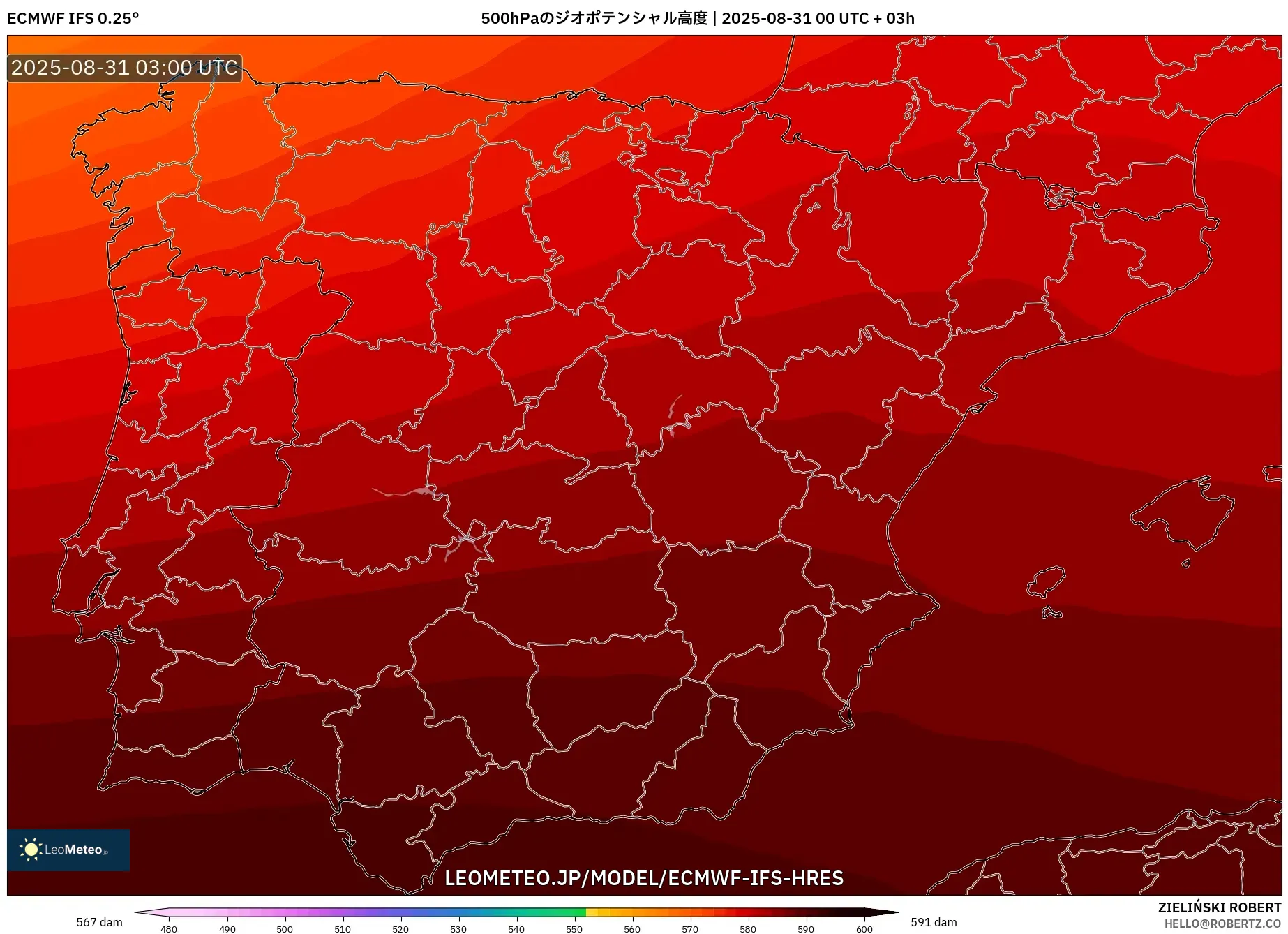 ECMWF IFS 0.25° model - スペイン, 500hPaのジオポテンシャル高度 ECMWF IFS 0.25° model - スペイン, 500hPaのジオポテンシャル高度