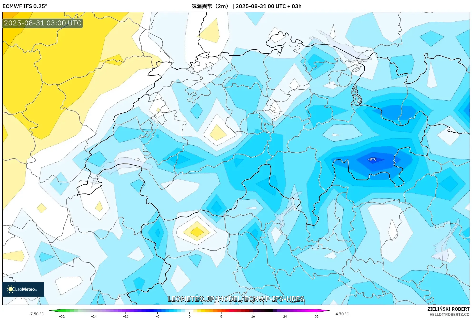 ECMWF IFS 0.25° model - スイス, 気温異常(2m) ECMWF IFS 0.25° model - スイス, 気温異常(2m)