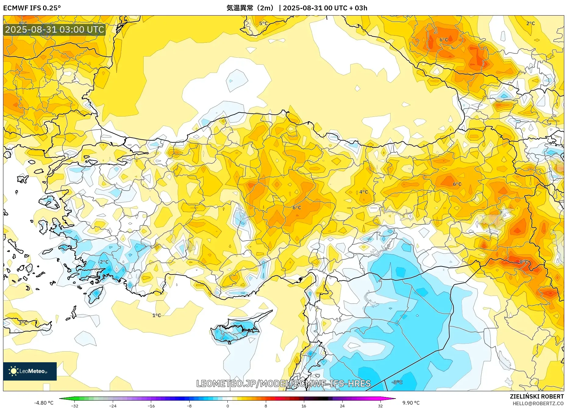 ECMWF IFS 0.25° model - トルコ, 気温異常(2m) ECMWF IFS 0.25° model - トルコ, 気温異常(2m)