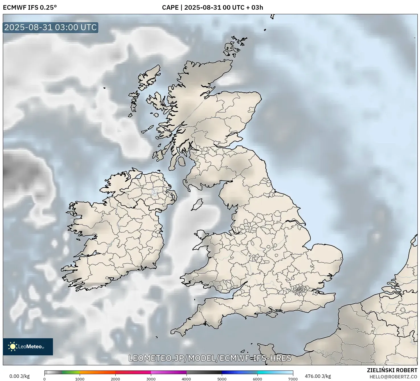 ECMWF IFS 0.25° model - イギリス, CAPE