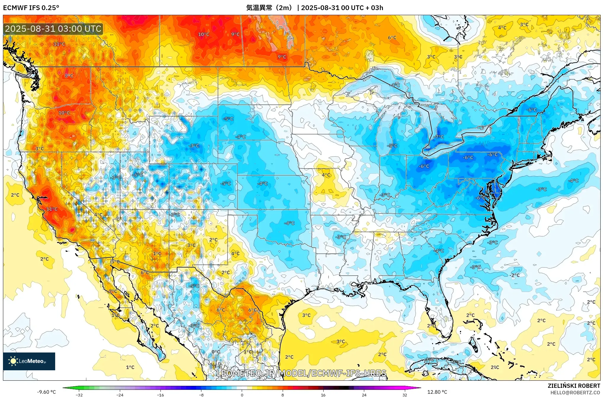 ECMWF IFS 0.25° model - アメリカ合衆国, 気温異常(2m) ECMWF IFS 0.25° model - アメリカ合衆国, 気温異常(2m)