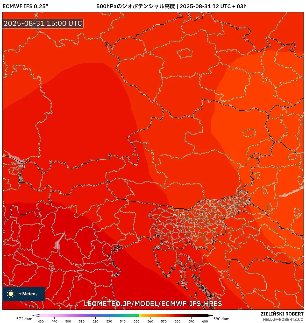 ECMWF IFS 0.25° model - オーストリア, 500hPaのジオポテンシャル高度 ECMWF IFS 0.25° model - オーストリア, 500hPaのジオポテンシャル高度