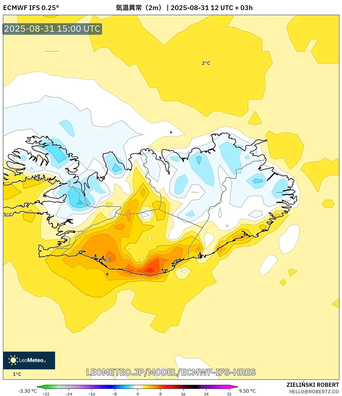 ECMWF IFS 0.25° model - アイスランド, 気温異常(2m) ECMWF IFS 0.25° model - アイスランド, 気温異常(2m)
