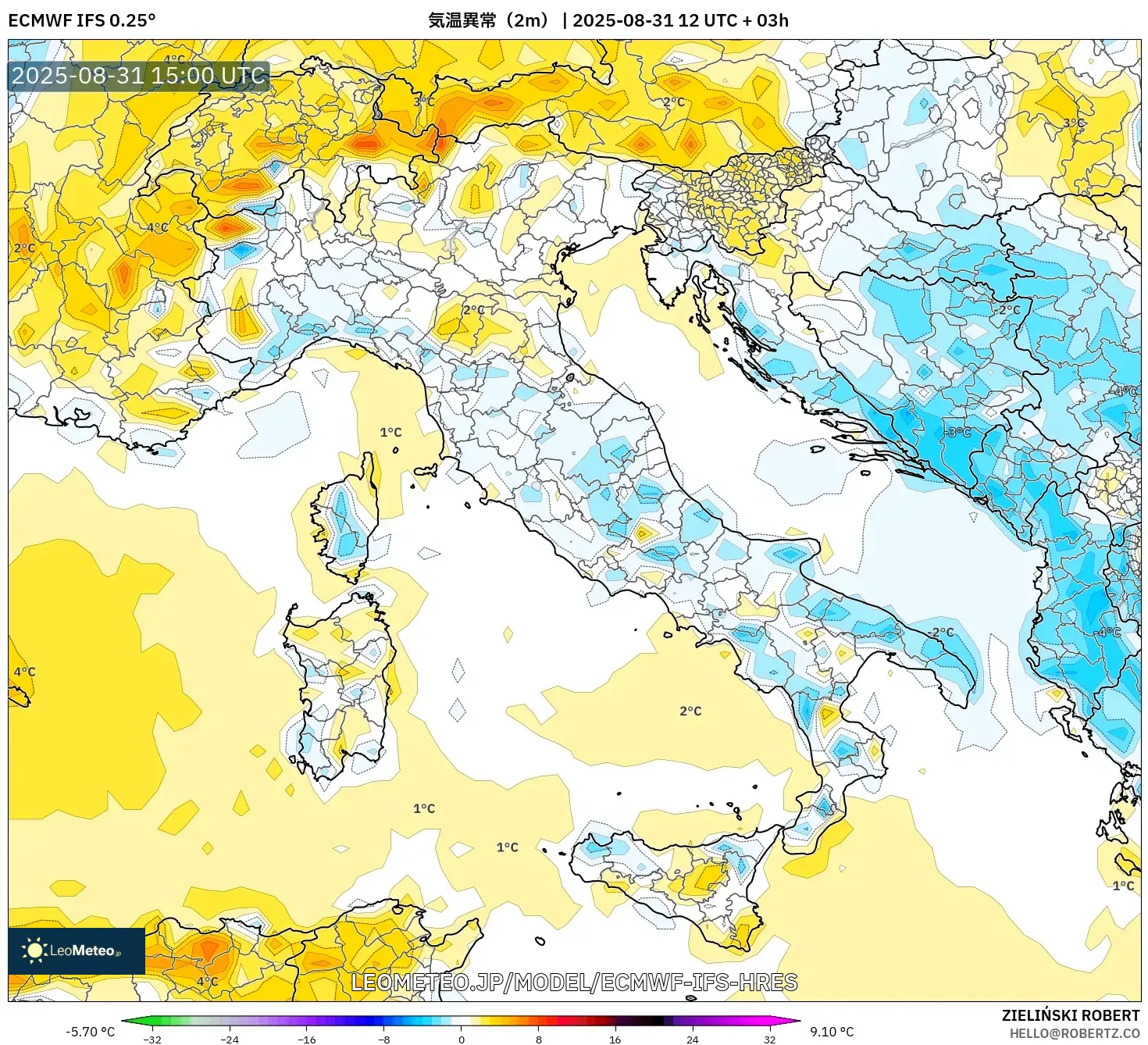 ECMWF IFS 0.25° model - イタリア, 気温異常(2m) ECMWF IFS 0.25° model - イタリア, 気温異常(2m)