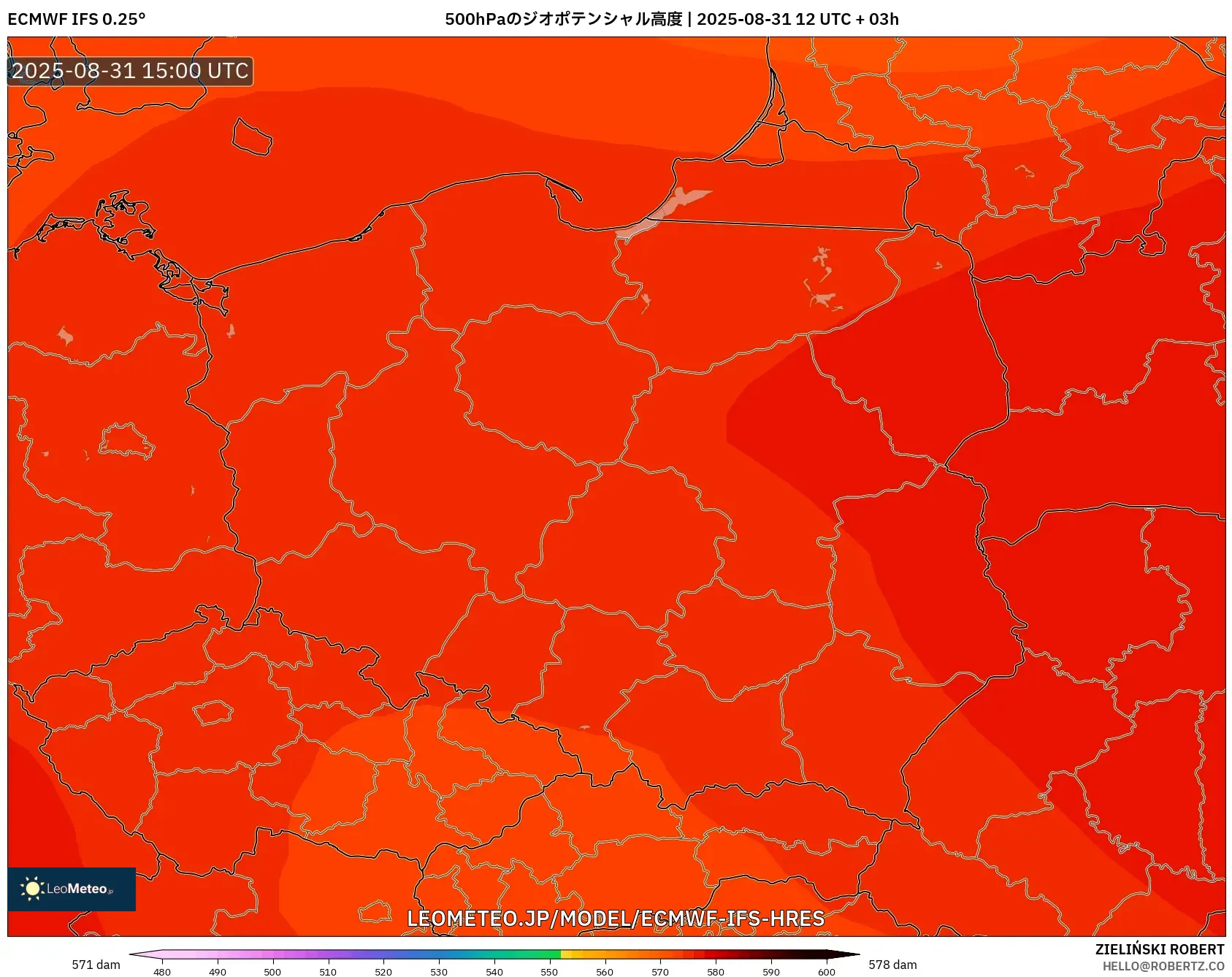 ECMWF IFS 0.25° model - ポーランド, 500hPaのジオポテンシャル高度 ECMWF IFS 0.25° model - ポーランド, 500hPaのジオポテンシャル高度