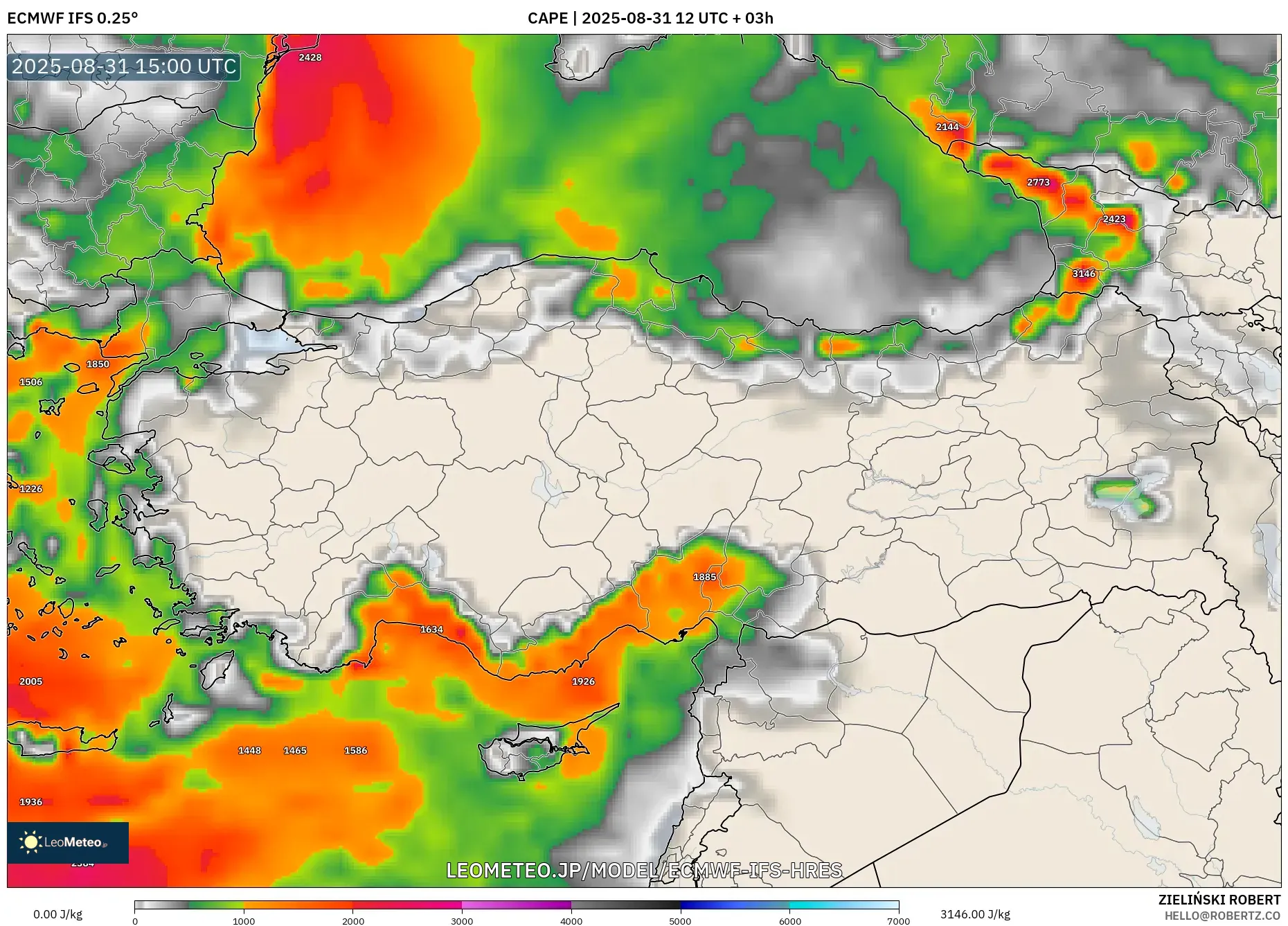 ECMWF IFS 0.25° model - トルコ, CAPE ECMWF IFS 0.25° model - トルコ, CAPE