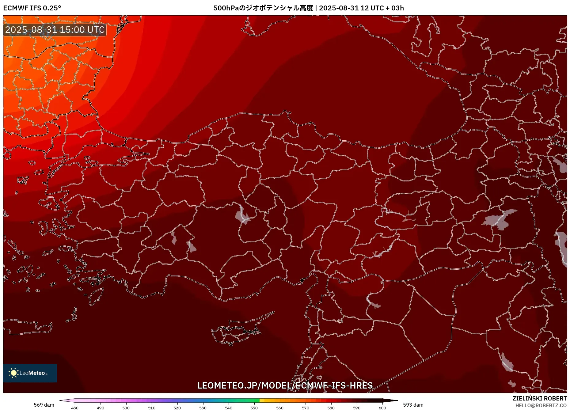 ECMWF IFS 0.25° model - トルコ, 500hPaのジオポテンシャル高度 ECMWF IFS 0.25° model - トルコ, 500hPaのジオポテンシャル高度