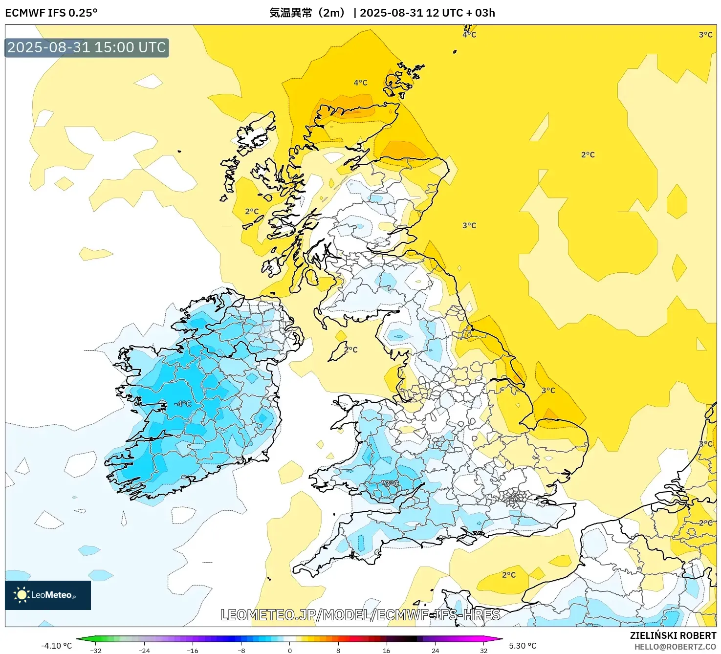ECMWF IFS 0.25° model - イギリス, 気温異常(2m) ECMWF IFS 0.25° model - イギリス, 気温異常(2m)