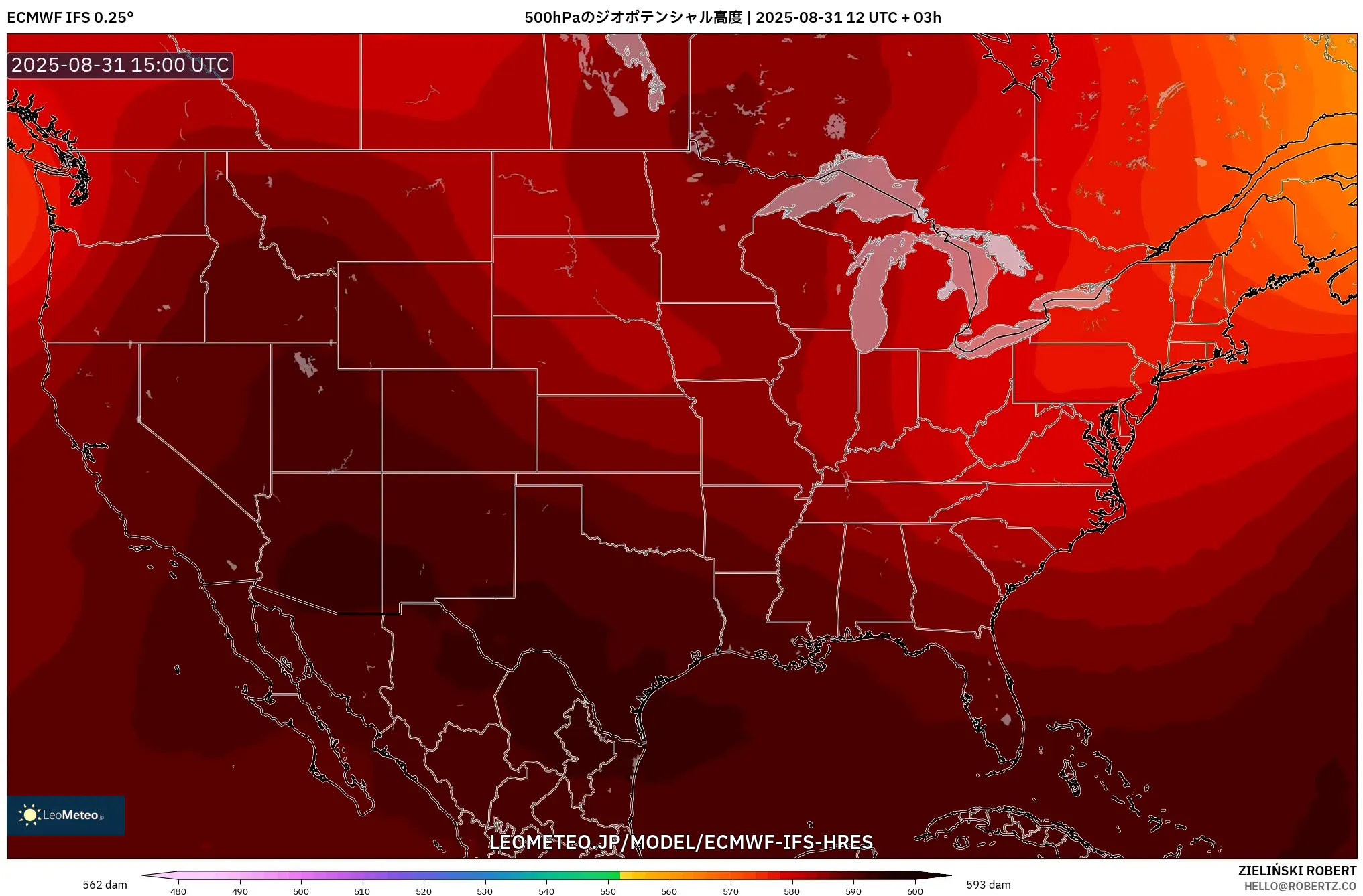 ECMWF IFS 0.25° model - アメリカ合衆国, 500hPaのジオポテンシャル高度 ECMWF IFS 0.25° model - アメリカ合衆国, 500hPaのジオポテンシャル高度