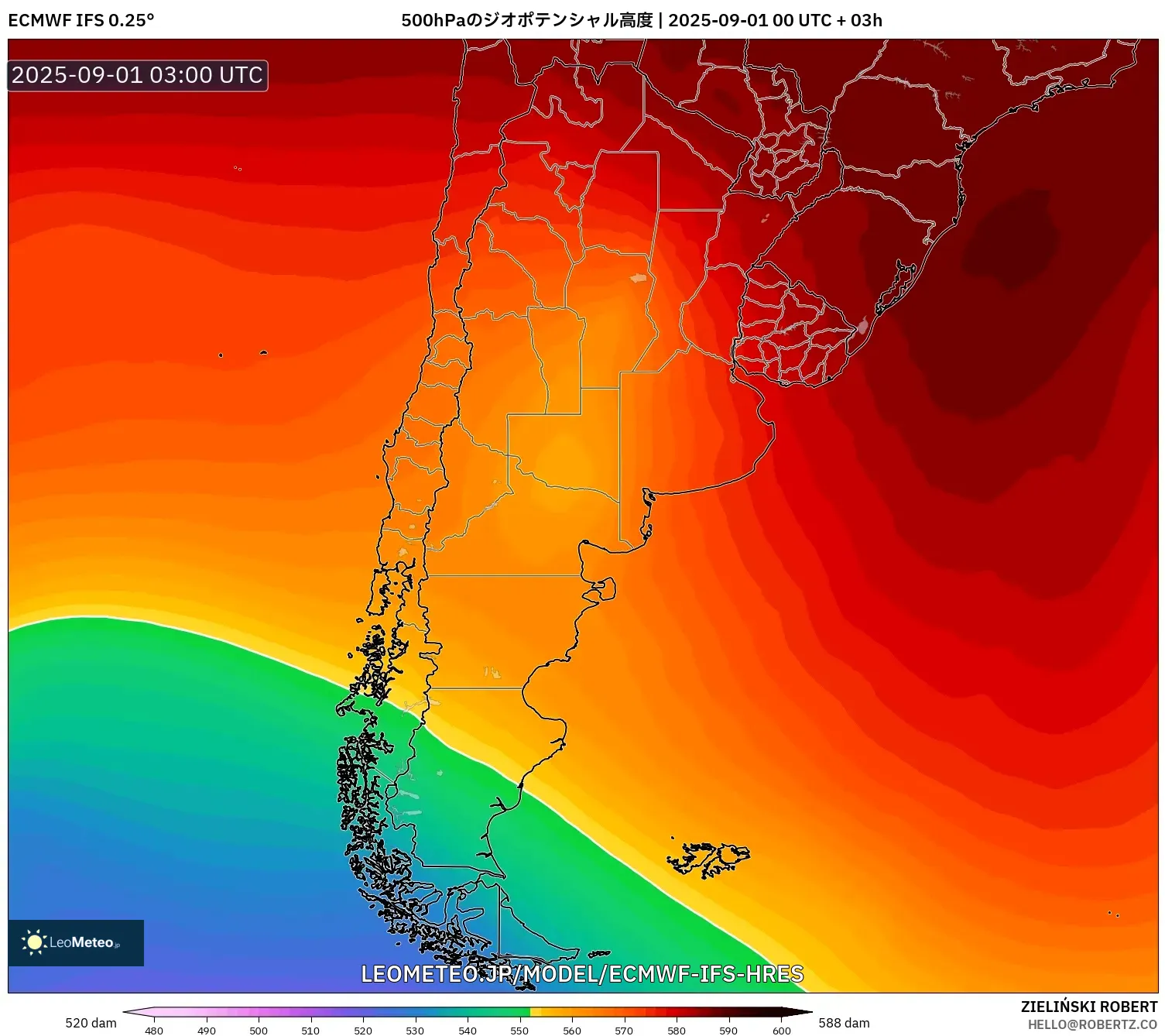 ECMWF IFS 0.25° model - アルゼンチン, 500hPaのジオポテンシャル高度 ECMWF IFS 0.25° model - アルゼンチン, 500hPaのジオポテンシャル高度