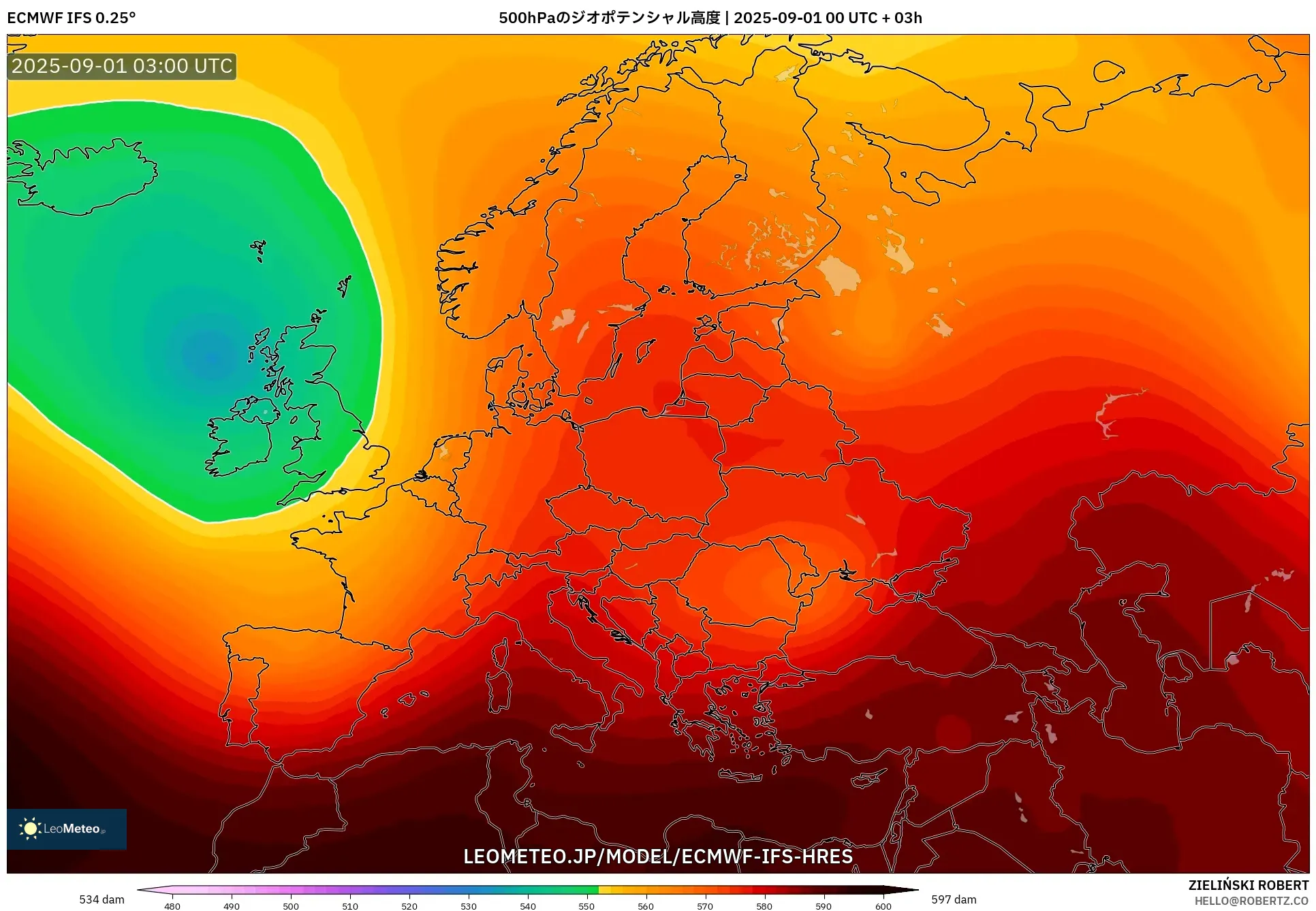 ECMWF IFS 0.25° model - ヨーロッパ, 500hPaのジオポテンシャル高度 ECMWF IFS 0.25° model - ヨーロッパ, 500hPaのジオポテンシャル高度