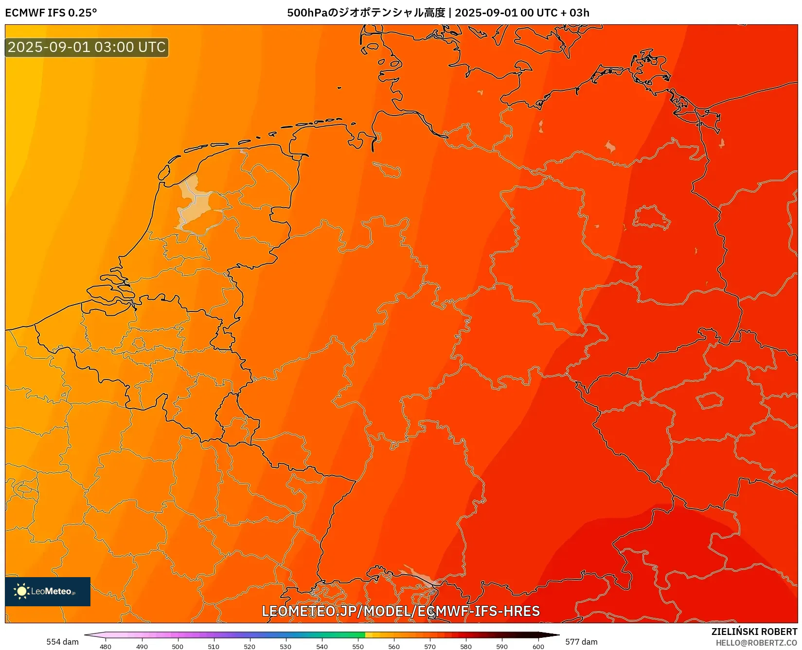 ECMWF IFS 0.25° model - ドイツ, 500hPaのジオポテンシャル高度 ECMWF IFS 0.25° model - ドイツ, 500hPaのジオポテンシャル高度