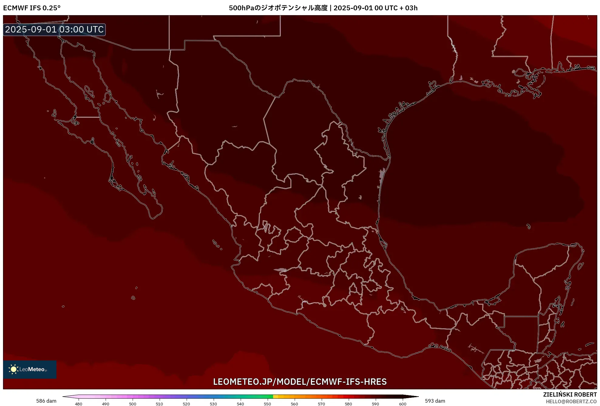 ECMWF IFS 0.25° model - メキシコ, 500hPaのジオポテンシャル高度
