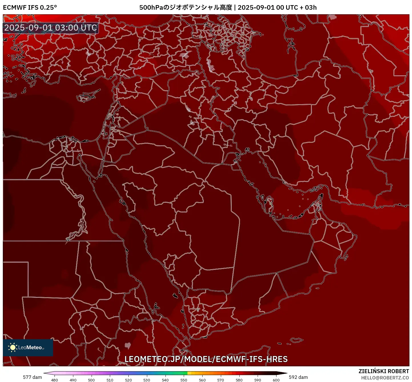 ECMWF IFS 0.25° model - 中東, 500hPaのジオポテンシャル高度 ECMWF IFS 0.25° model - 中東, 500hPaのジオポテンシャル高度