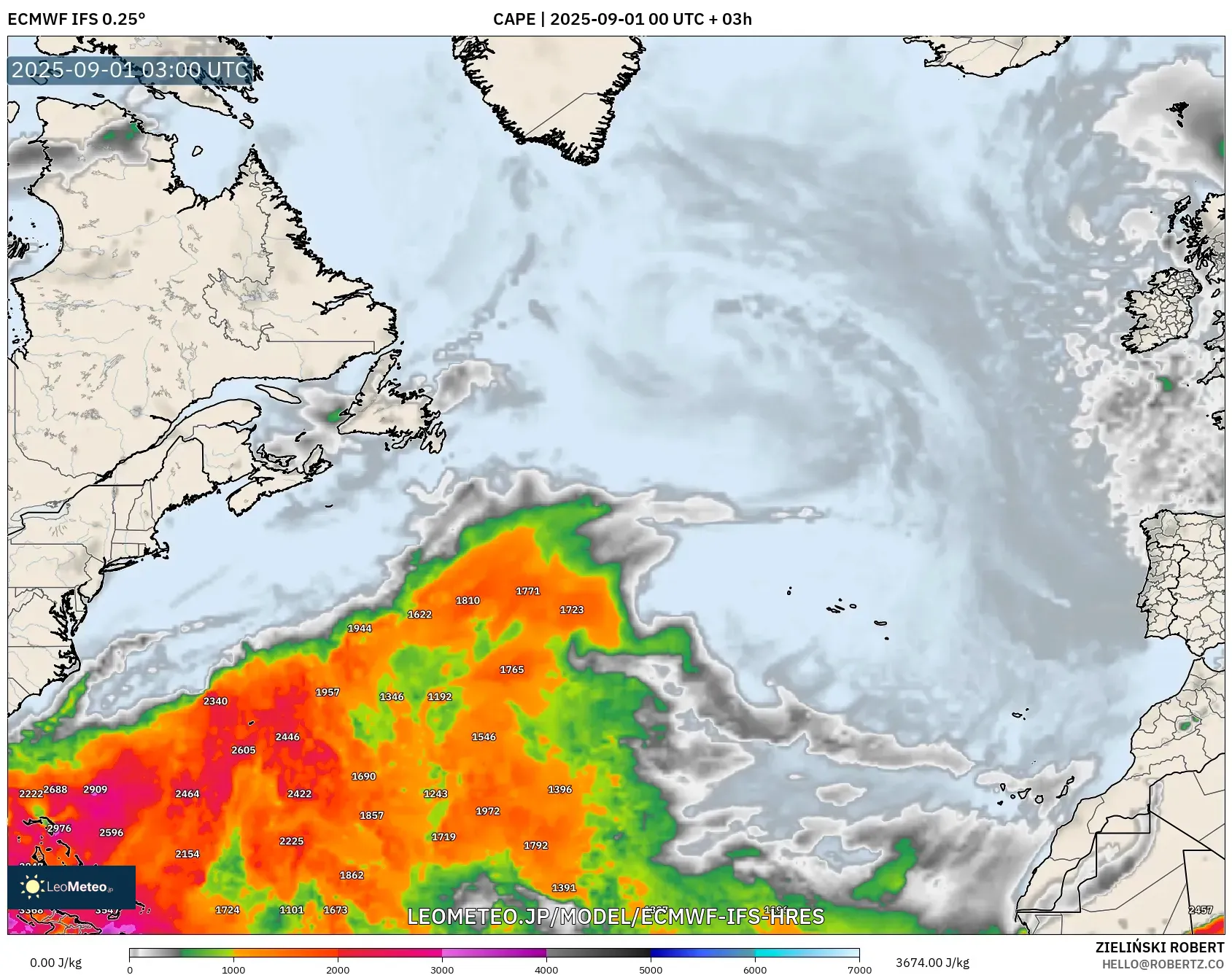 ECMWF IFS 0.25° model - 北大西洋, CAPE ECMWF IFS 0.25° model - 北大西洋, CAPE