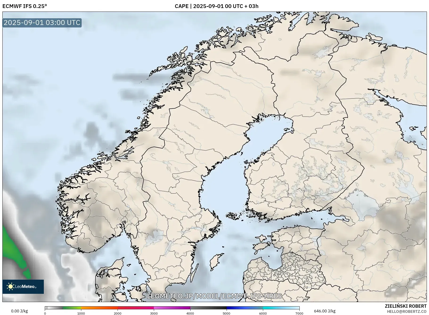ECMWF IFS 0.25° model - スカンジナビア, CAPE ECMWF IFS 0.25° model - スカンジナビア, CAPE