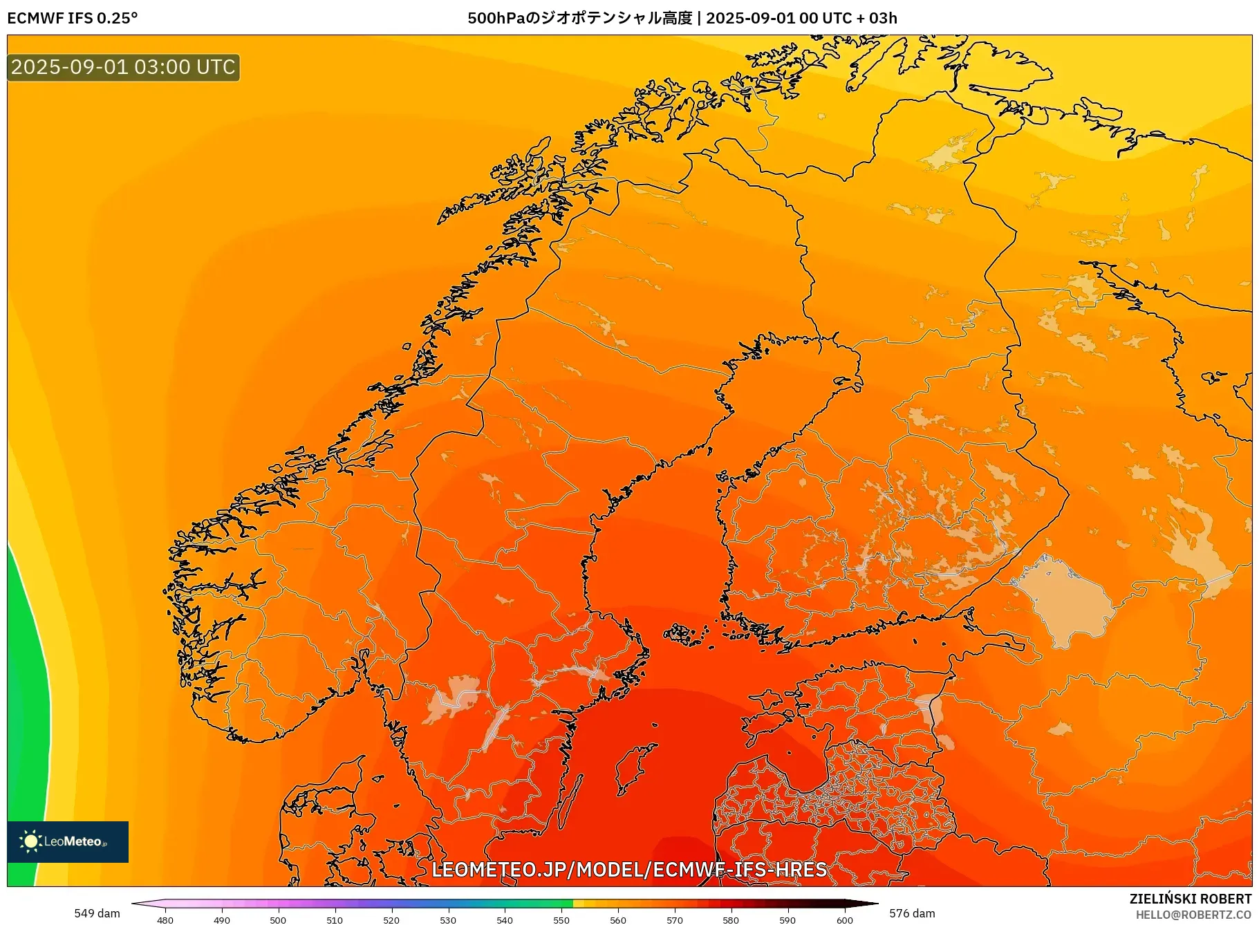 ECMWF IFS 0.25° model - スカンジナビア, 500hPaのジオポテンシャル高度 ECMWF IFS 0.25° model - スカンジナビア, 500hPaのジオポテンシャル高度