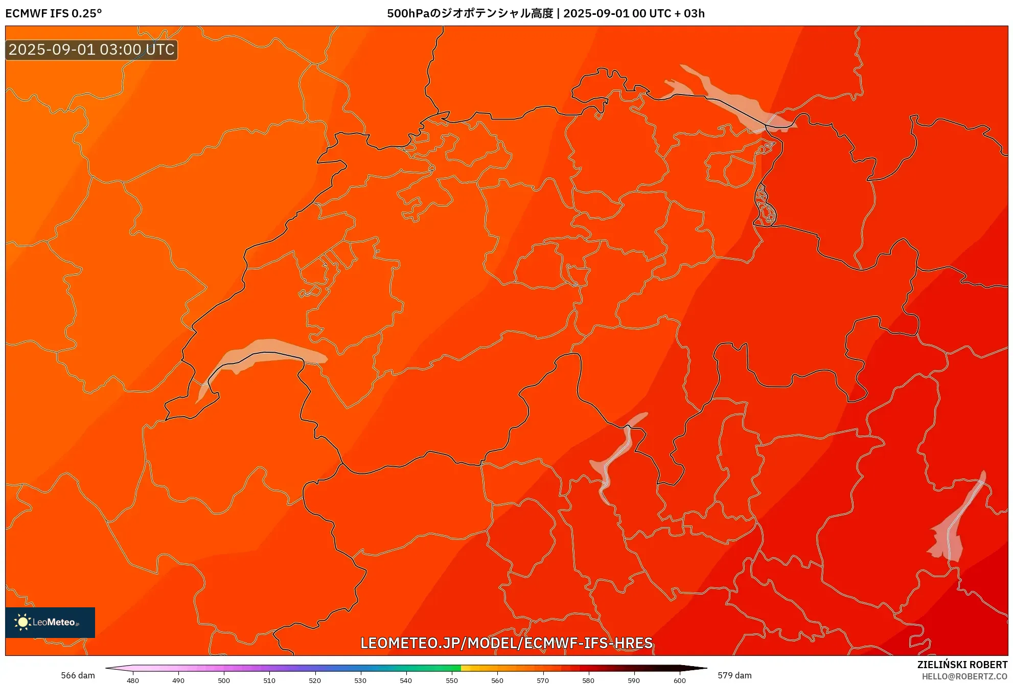 ECMWF IFS 0.25° model - スイス, 500hPaのジオポテンシャル高度 ECMWF IFS 0.25° model - スイス, 500hPaのジオポテンシャル高度
