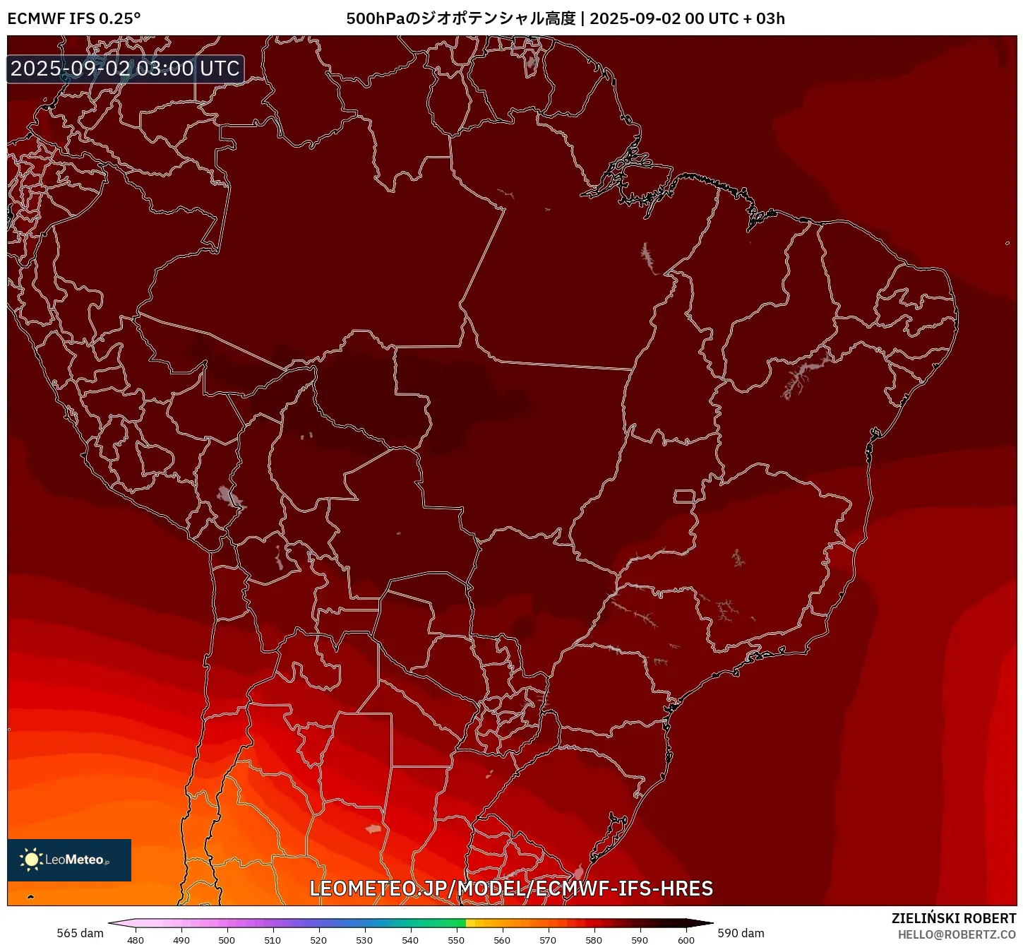 ECMWF IFS 0.25° model - ブラジル, 500hPaのジオポテンシャル高度 ECMWF IFS 0.25° model - ブラジル, 500hPaのジオポテンシャル高度