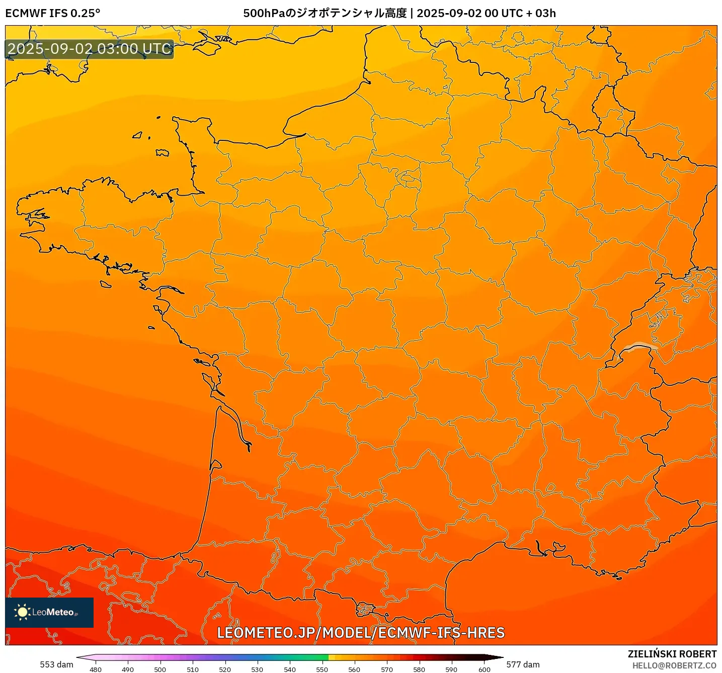 ECMWF IFS 0.25° model - フランス, 500hPaのジオポテンシャル高度 ECMWF IFS 0.25° model - フランス, 500hPaのジオポテンシャル高度