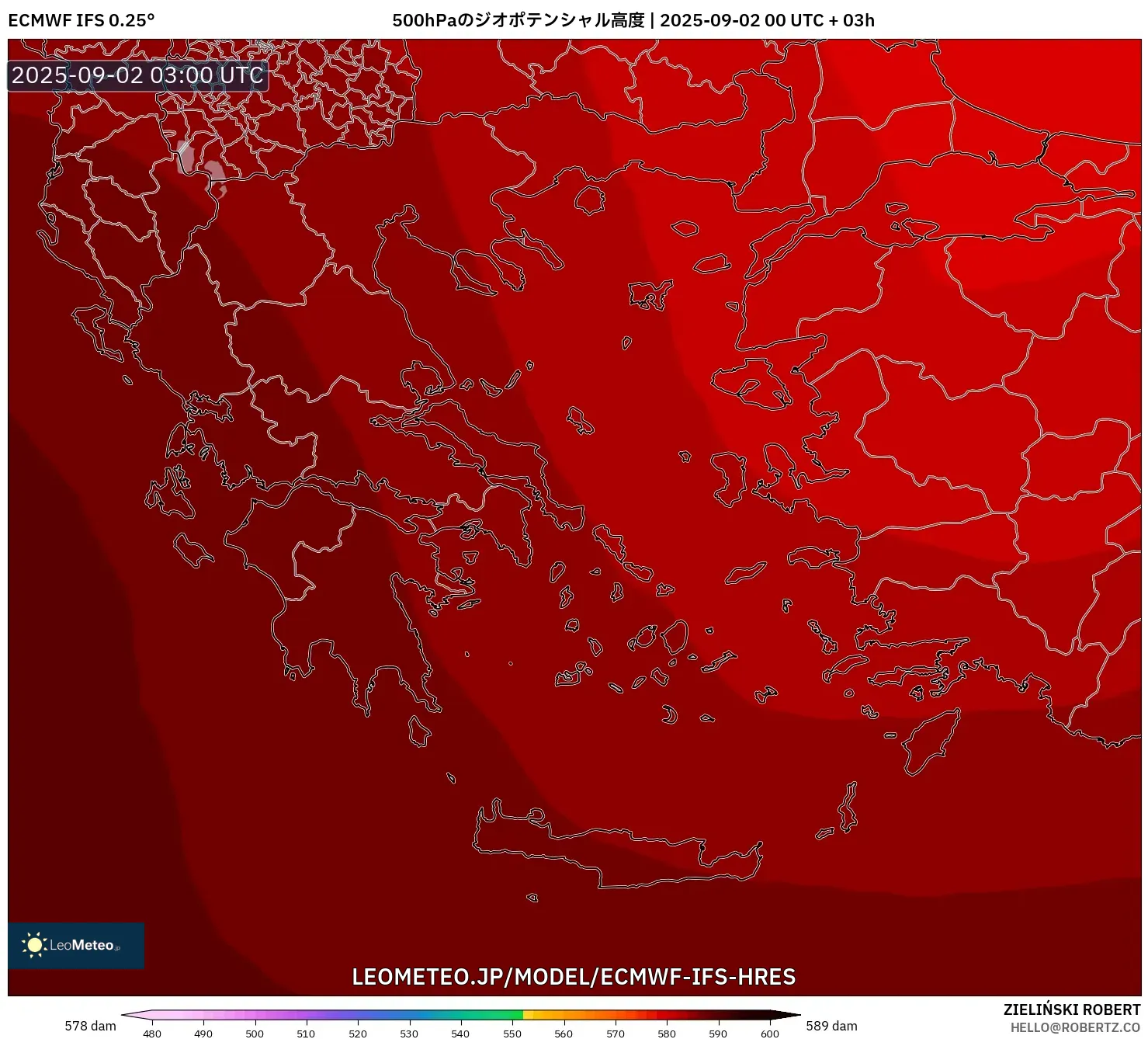 ECMWF IFS 0.25° model - ギリシャ, 500hPaのジオポテンシャル高度 ECMWF IFS 0.25° model - ギリシャ, 500hPaのジオポテンシャル高度