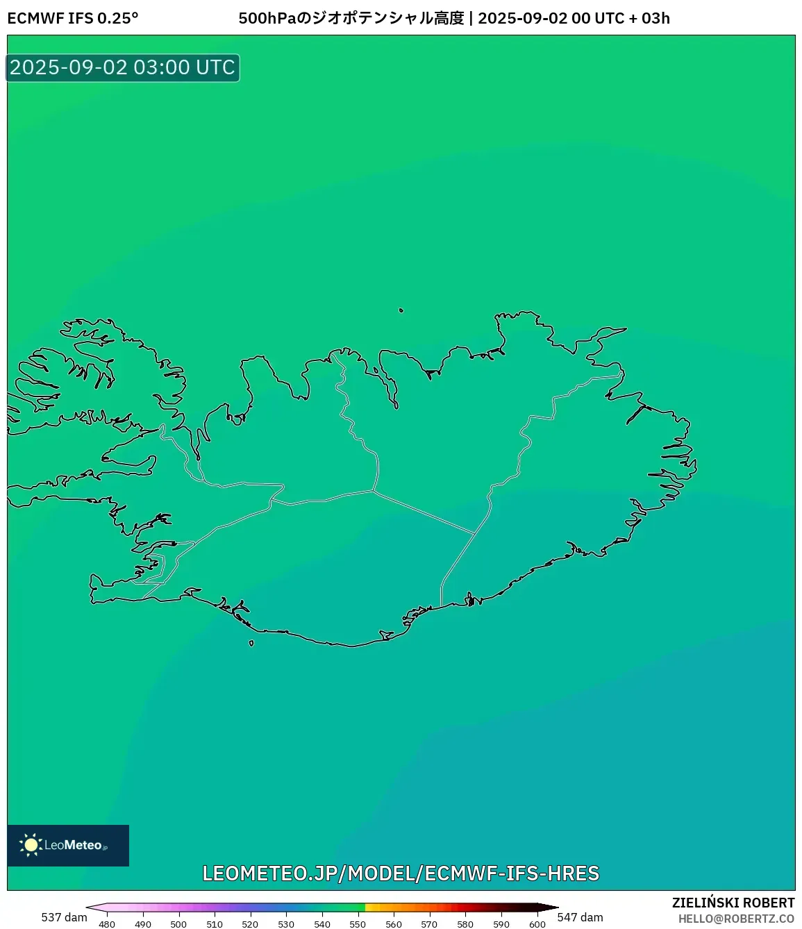 ECMWF IFS 0.25° model - アイスランド, 500hPaのジオポテンシャル高度 ECMWF IFS 0.25° model - アイスランド, 500hPaのジオポテンシャル高度