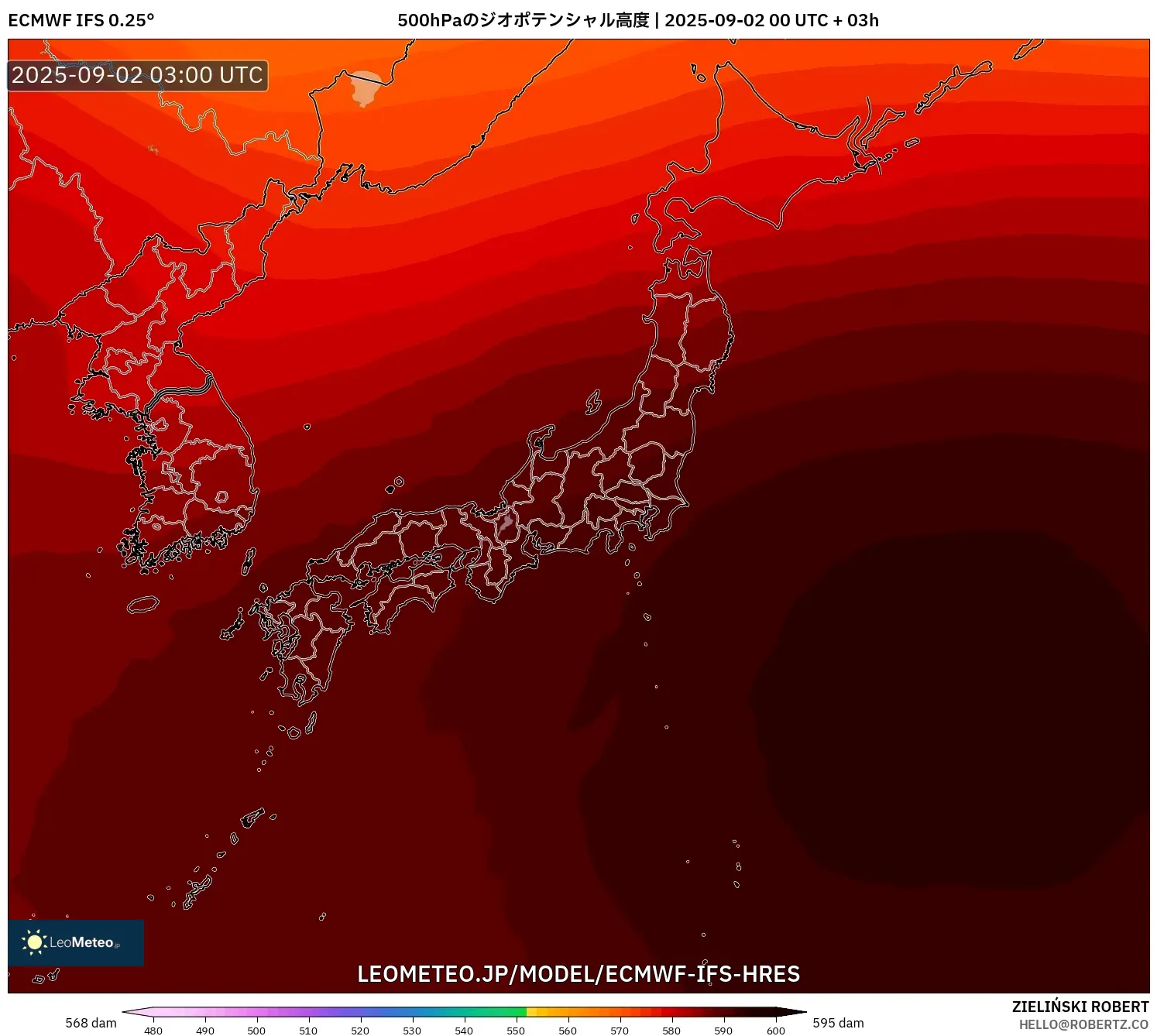 ECMWF IFS 0.25° model - 日本, 500hPaのジオポテンシャル高度 ECMWF IFS 0.25° model - 日本, 500hPaのジオポテンシャル高度