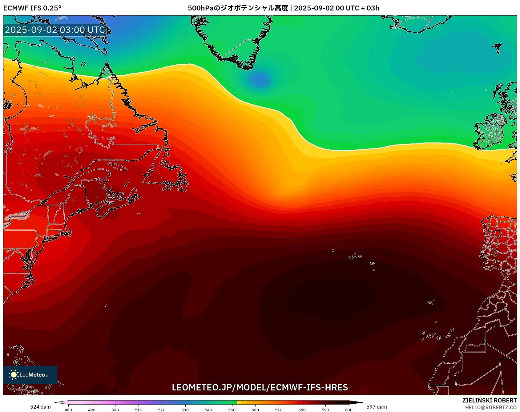 ECMWF IFS 0.25° model - 北大西洋, 500hPaのジオポテンシャル高度 ECMWF IFS 0.25° model - 北大西洋, 500hPaのジオポテンシャル高度