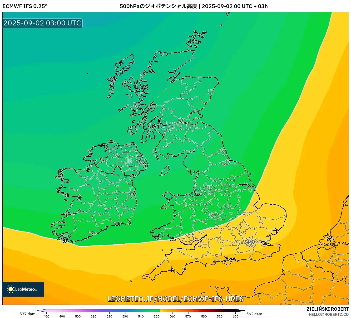 ECMWF IFS 0.25° model - イギリス, 500hPaのジオポテンシャル高度 ECMWF IFS 0.25° model - イギリス, 500hPaのジオポテンシャル高度