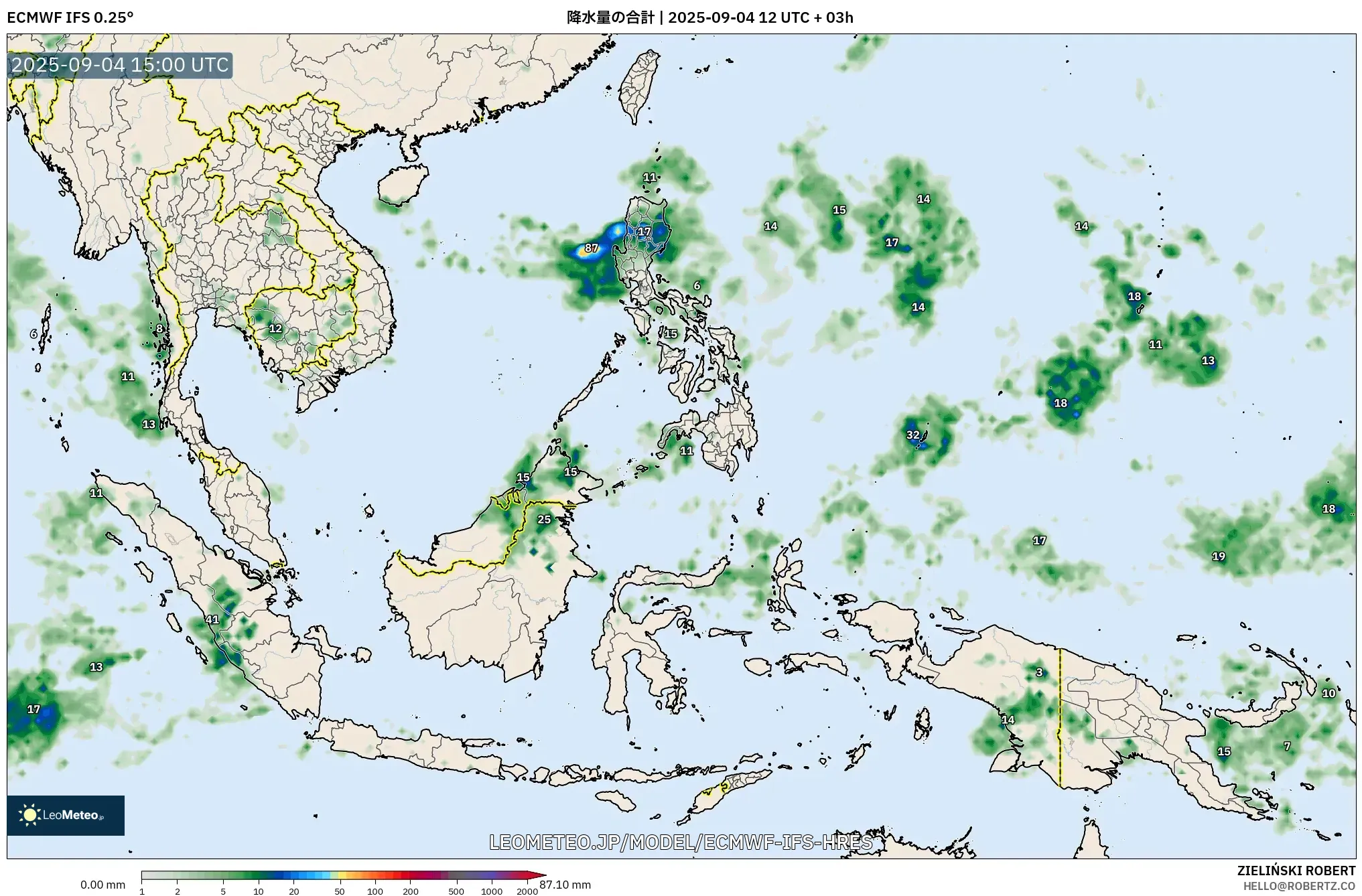ECMWF IFS 0.25° model - 東南アジア, 降水量の合計 ECMWF IFS 0.25° model - 東南アジア, 降水量の合計