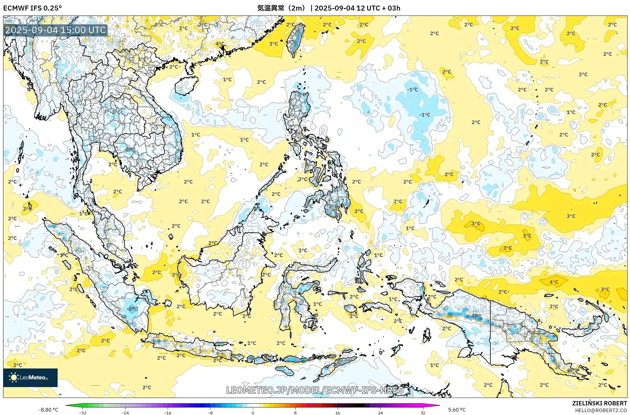 ECMWF IFS 0.25° model - 東南アジア, 気温異常(2m) ECMWF IFS 0.25° model - 東南アジア, 気温異常(2m)