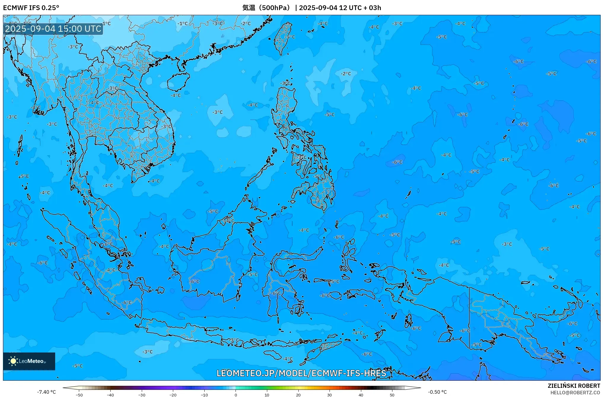ECMWF IFS 0.25° model - 東南アジア, 気温(500hPa) ECMWF IFS 0.25° model - 東南アジア, 気温(500hPa)