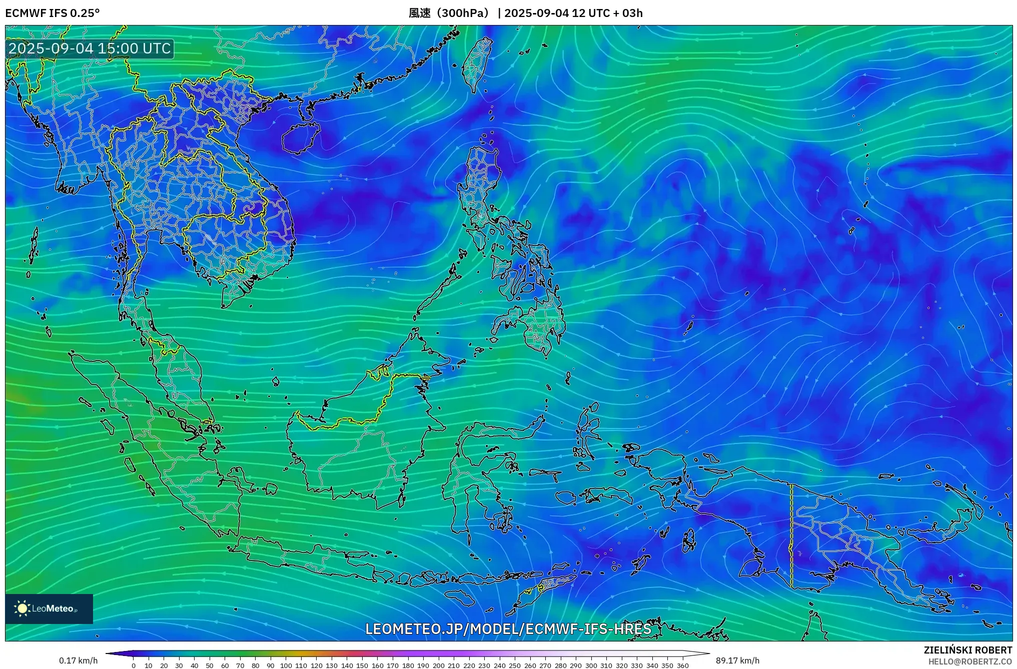 ECMWF IFS 0.25° model - 東南アジア, 風速(300hPa) ECMWF IFS 0.25° model - 東南アジア, 風速(300hPa)
