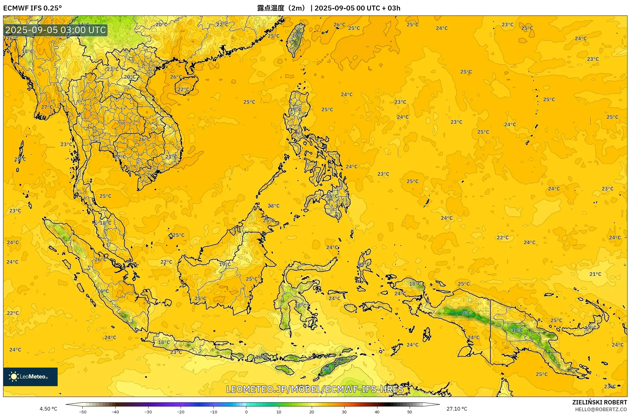 ECMWF IFS 0.25° model - 東南アジア, 露点温度（2m）