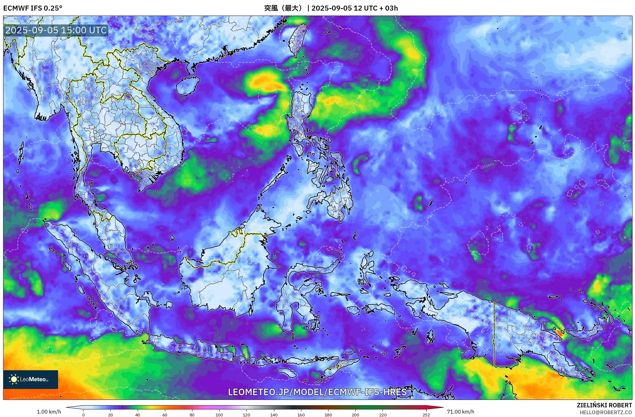 ECMWF IFS 0.25° model - 東南アジア, 突風（最大）