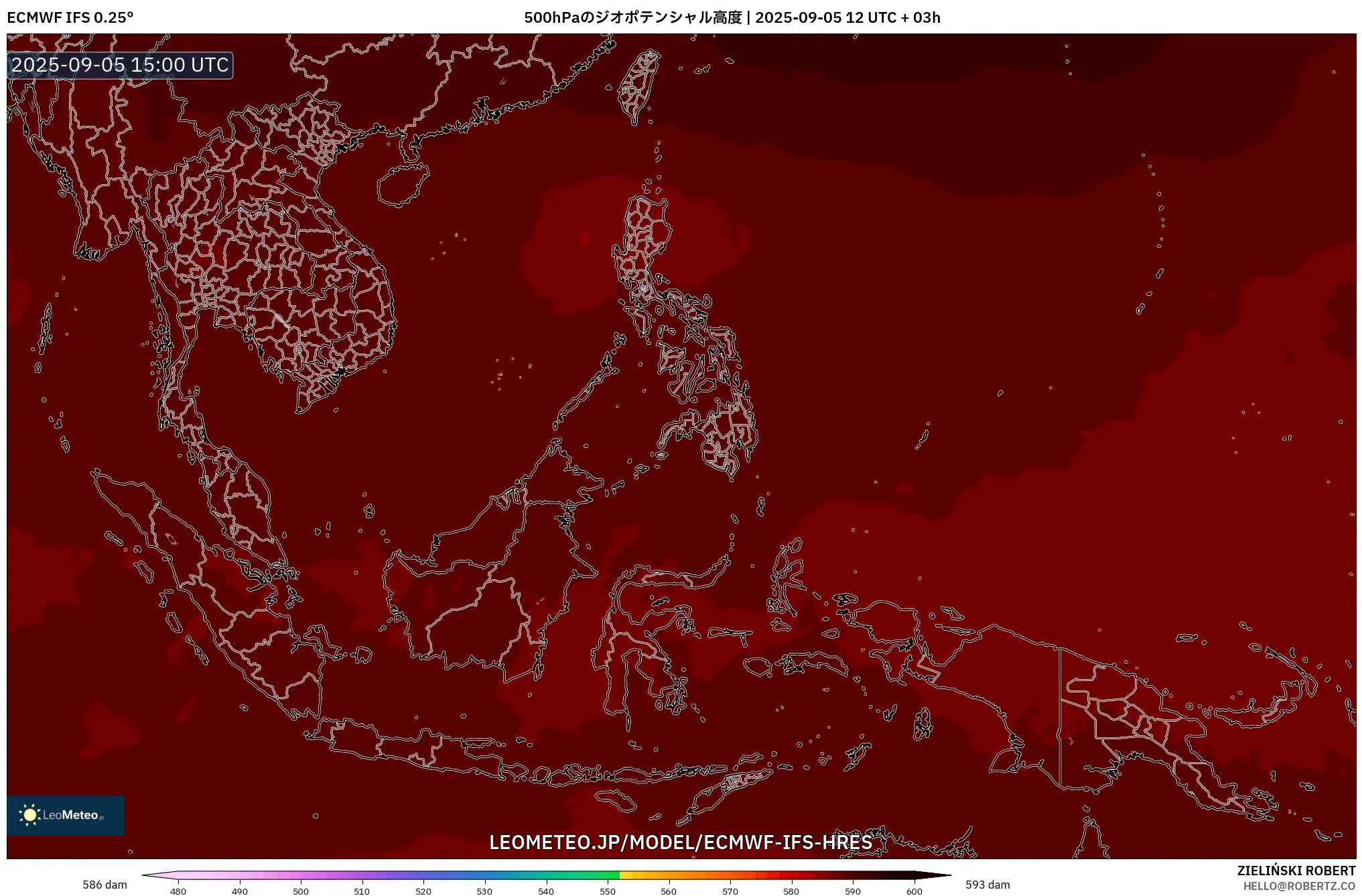 ECMWF IFS 0.25° model - 東南アジア, 500hPaのジオポテンシャル高度
