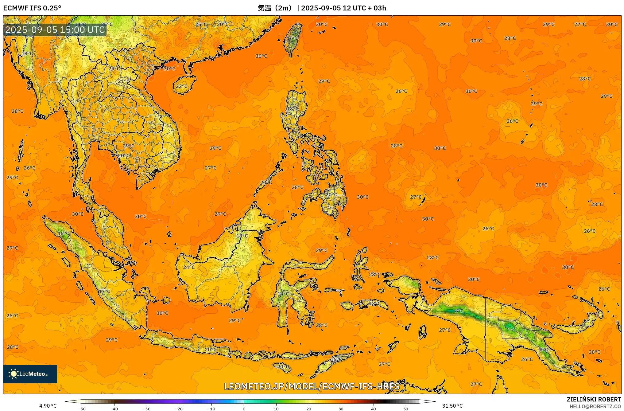 ECMWF IFS 0.25° model - 東南アジア, 気温（2m）