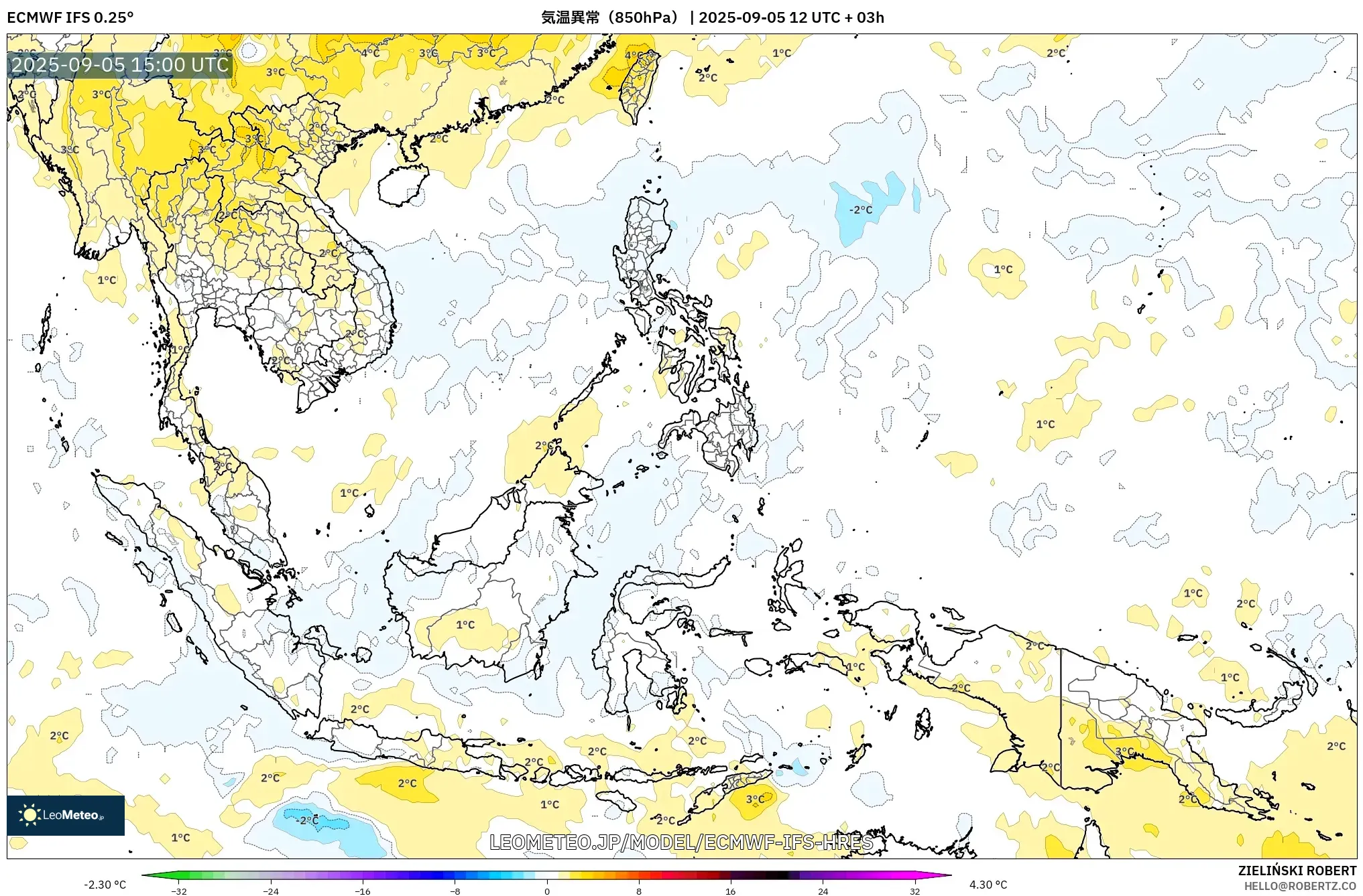 ECMWF IFS 0.25° model - 東南アジア, 気温異常（850hPa）
