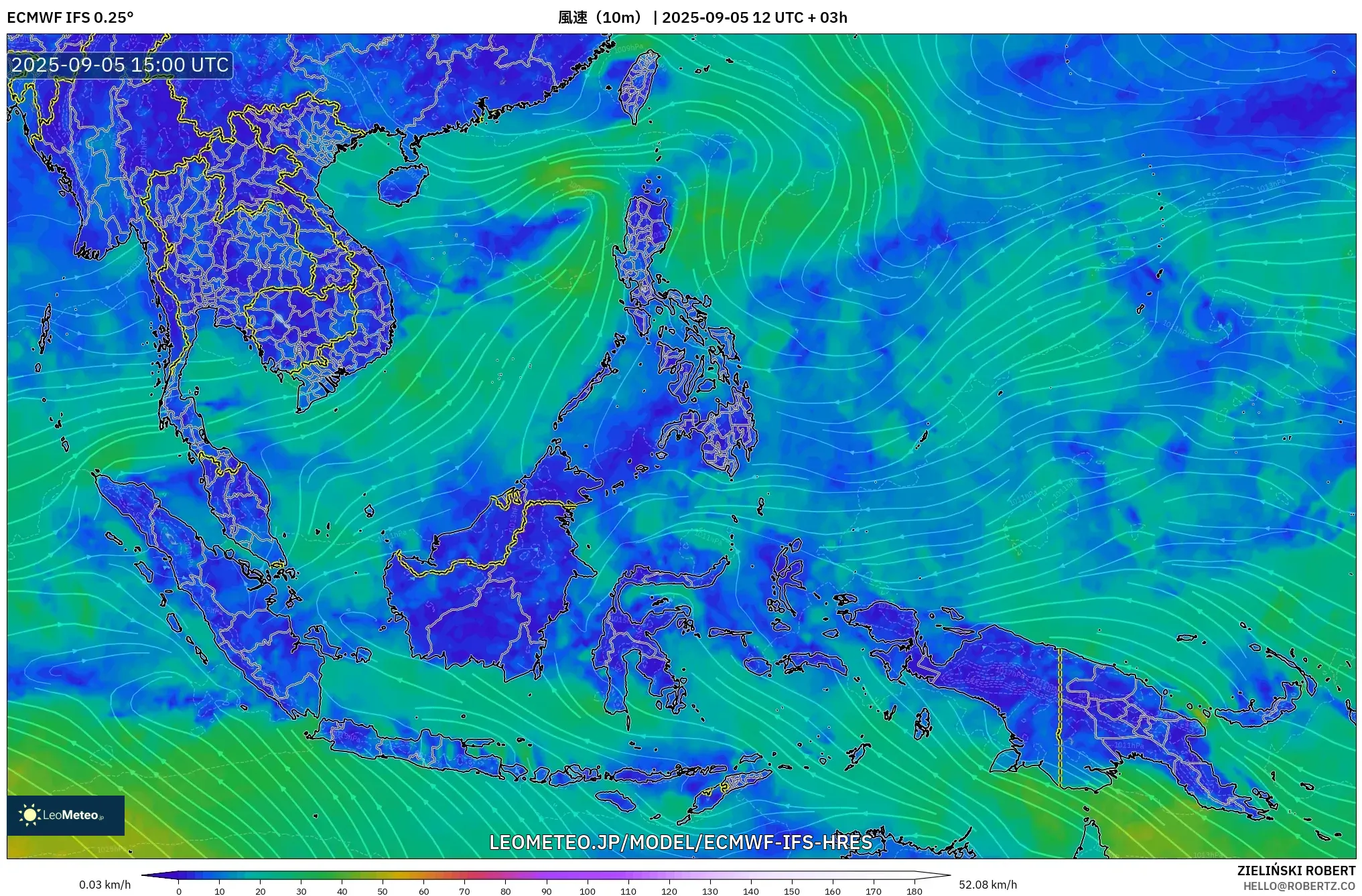 ECMWF IFS 0.25° model - 東南アジア, 風速（10m）