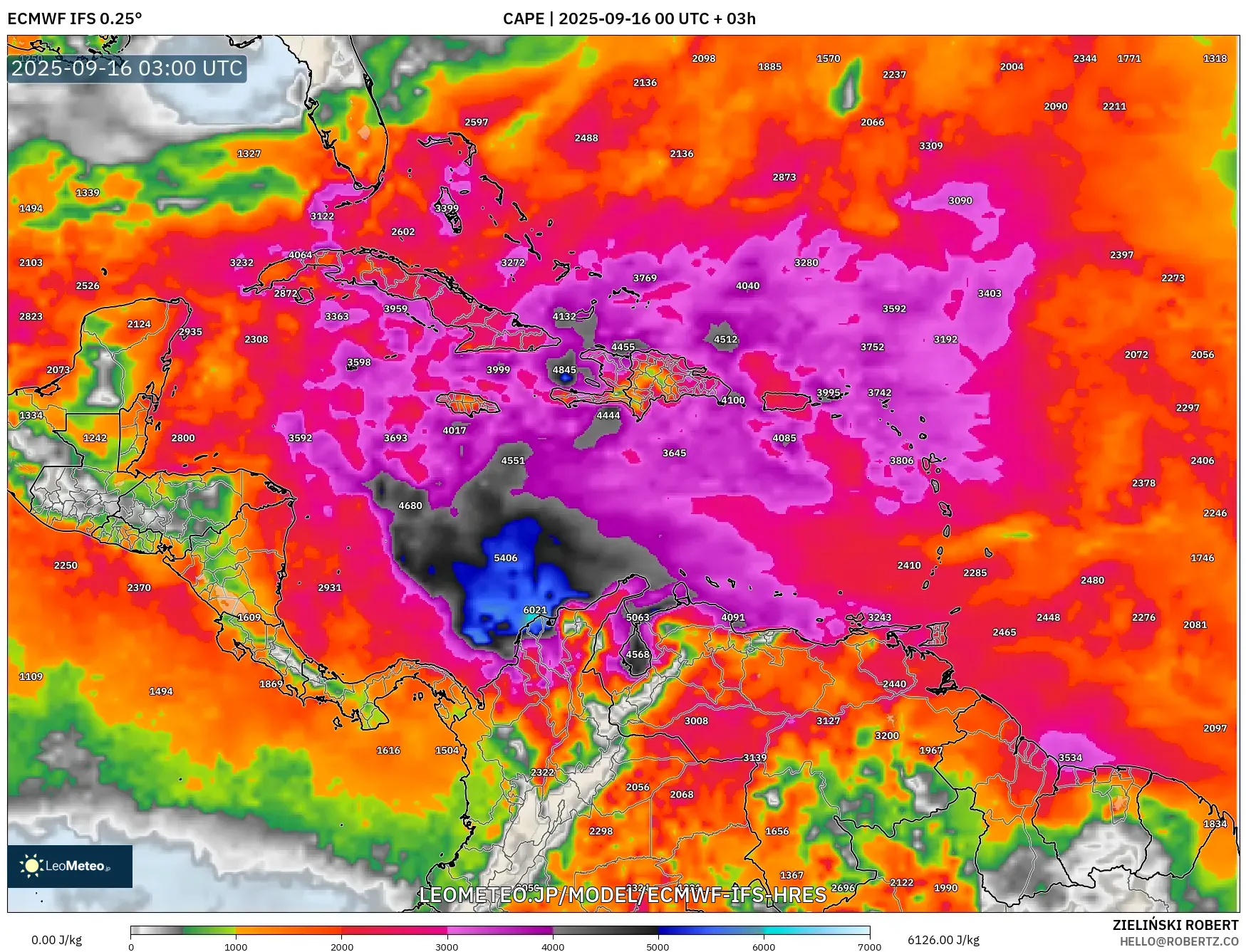 ECMWF IFS 0.25° model - カリブ海, CAPE