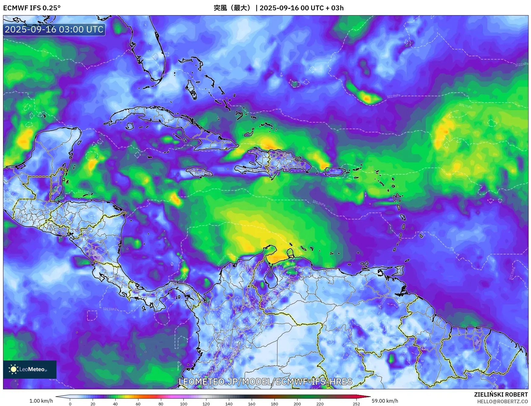 ECMWF IFS 0.25° model - カリブ海, 突風（最大）