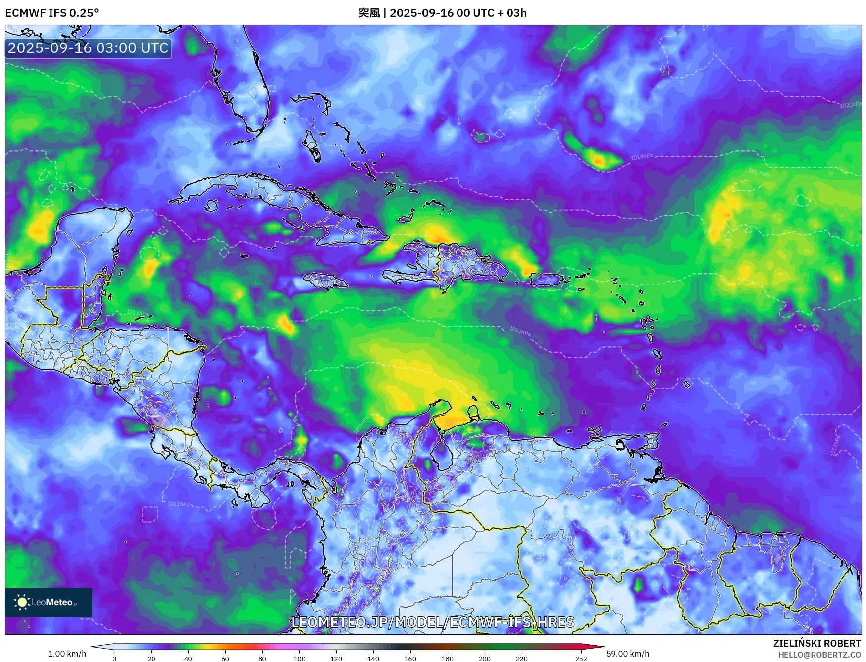ECMWF IFS 0.25° model - カリブ海, 突風