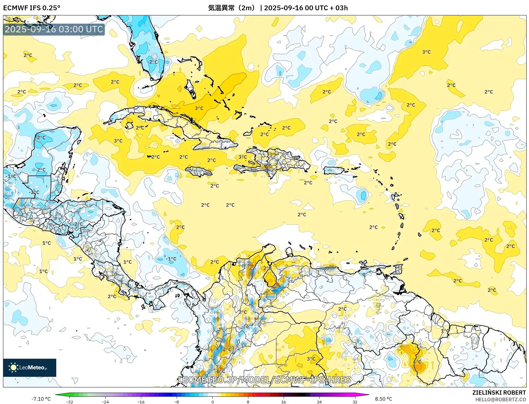 ECMWF IFS 0.25° model - カリブ海, 気温異常（2m）