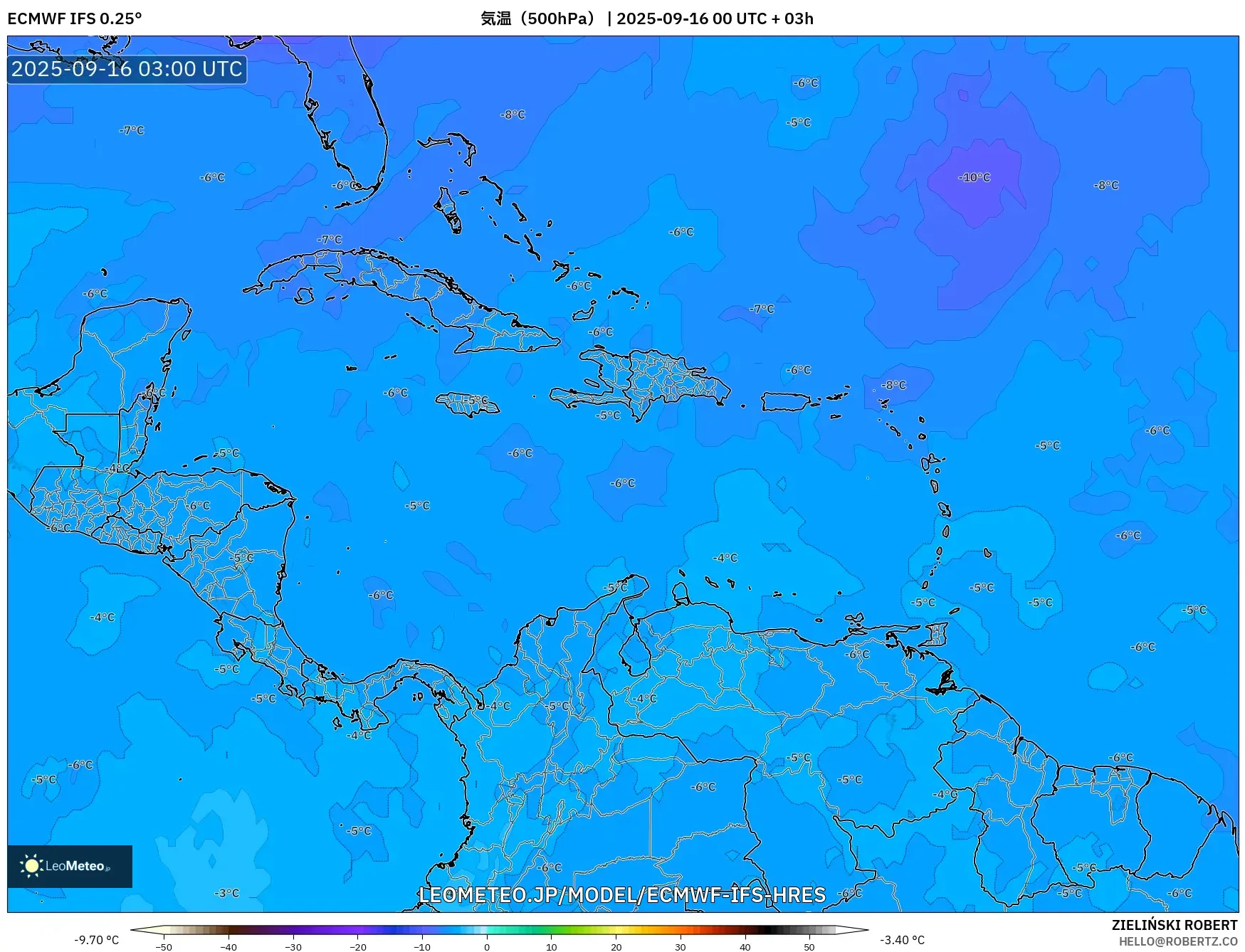 ECMWF IFS 0.25° model - カリブ海, 気温（500hPa）