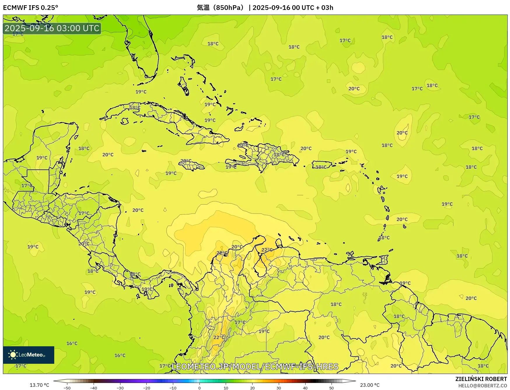 ECMWF IFS 0.25° model - カリブ海, 気温（850hPa）