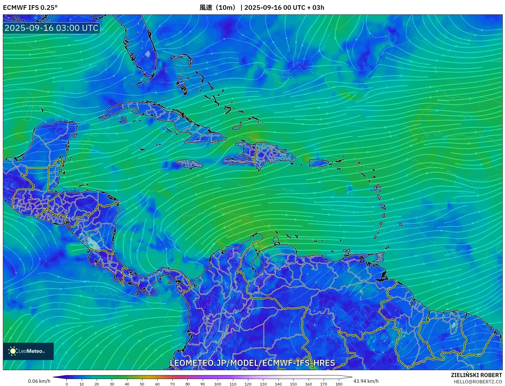 ECMWF IFS 0.25° model - カリブ海, 風速（10m）