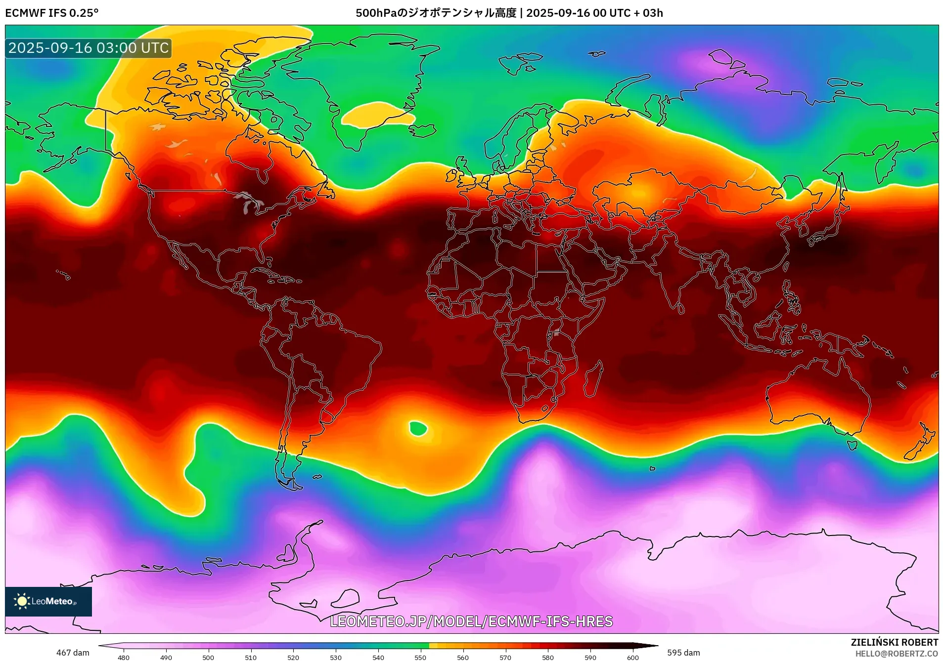 ECMWF IFS 0.25° model - 世界, 500hPaのジオポテンシャル高度