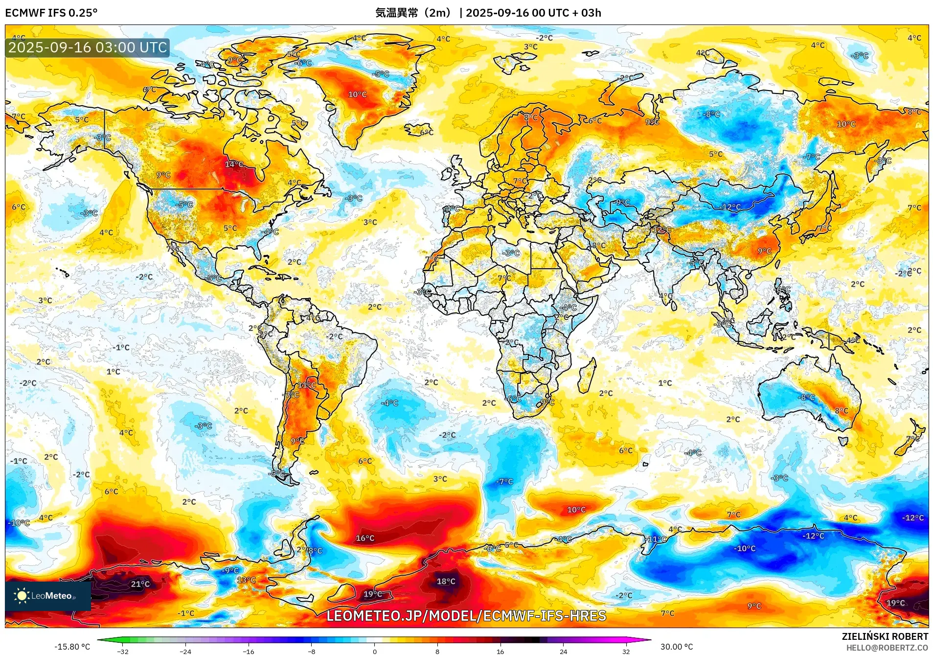 ECMWF IFS 0.25° model - 世界, 気温異常（2m）