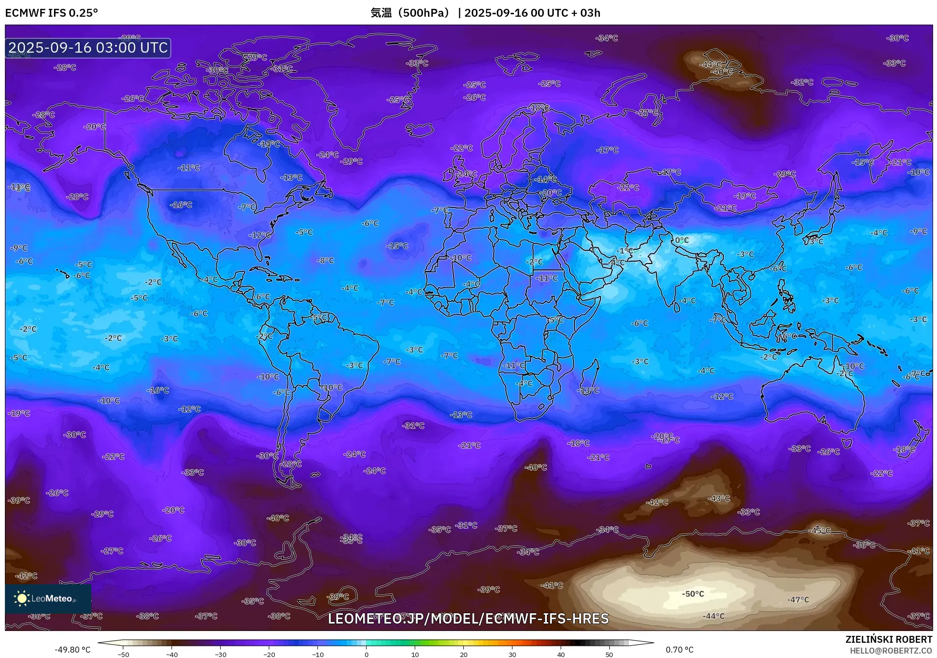 ECMWF IFS 0.25° model - 世界, 気温（500hPa）