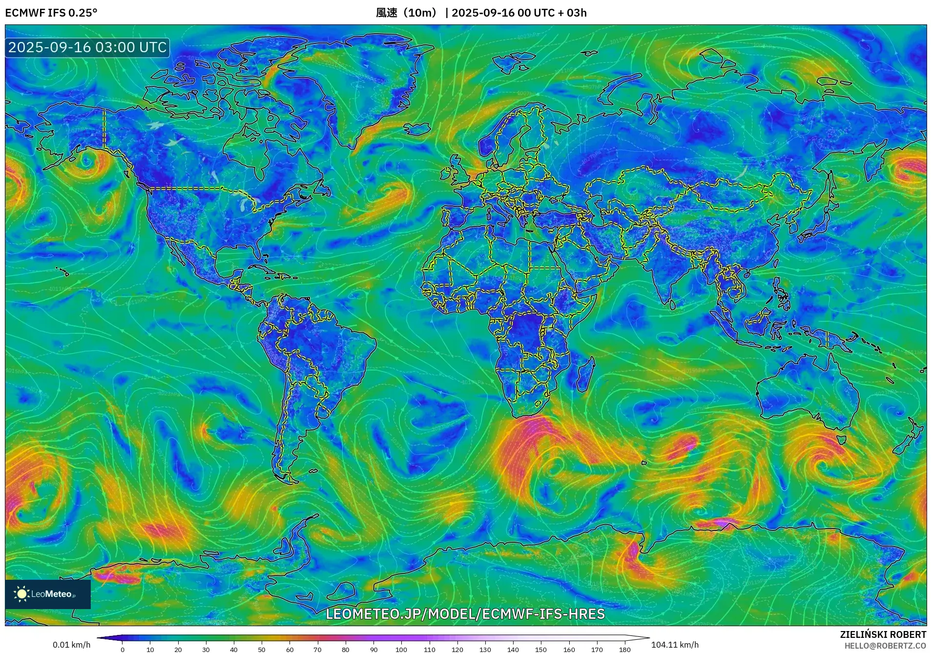 ECMWF IFS 0.25° model - 世界, 風速（10m）
